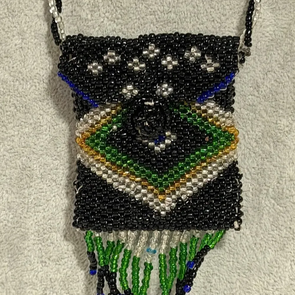 Vintage Beaded Medicine Bag Necklace Seed Bead Coin Pouch Boho Festival 36”